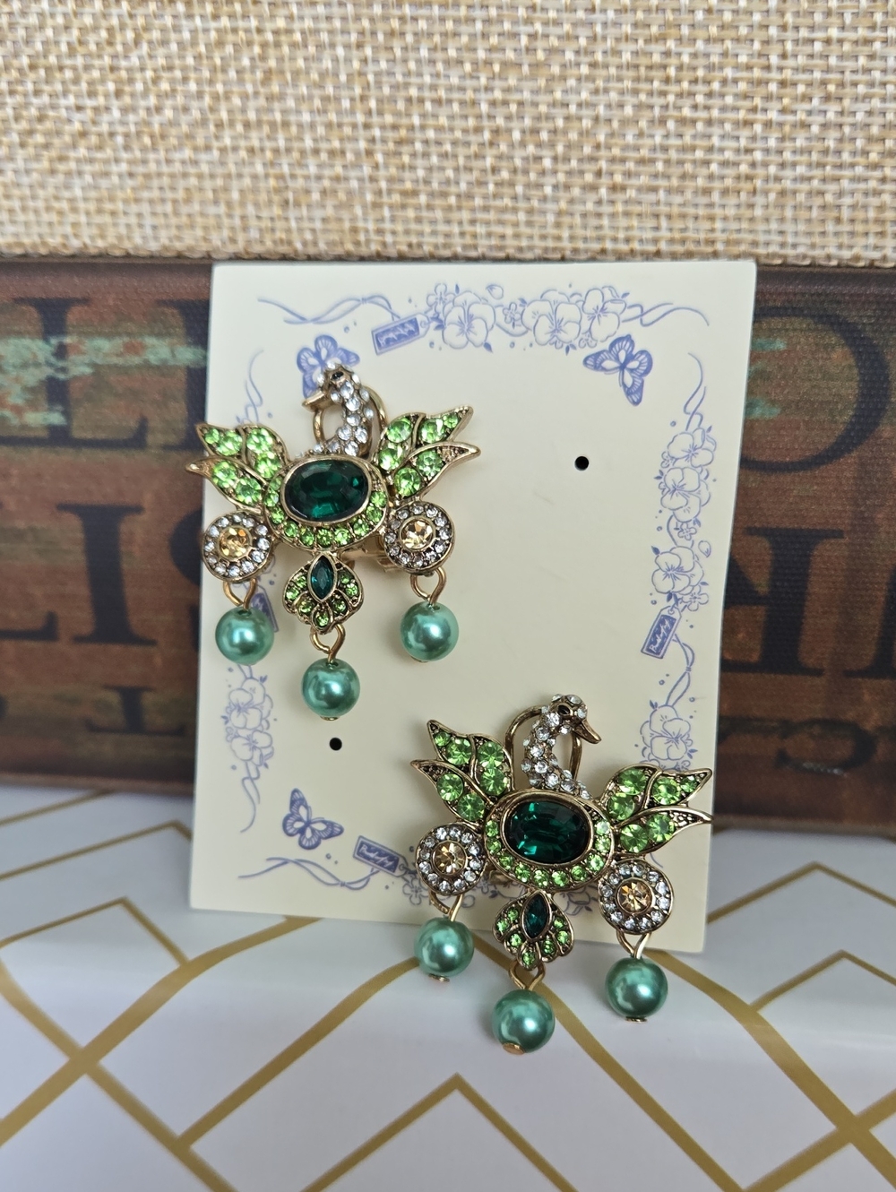Stunning Green Crystal Swan Drop Earrings W/ Green Pearls, NWT